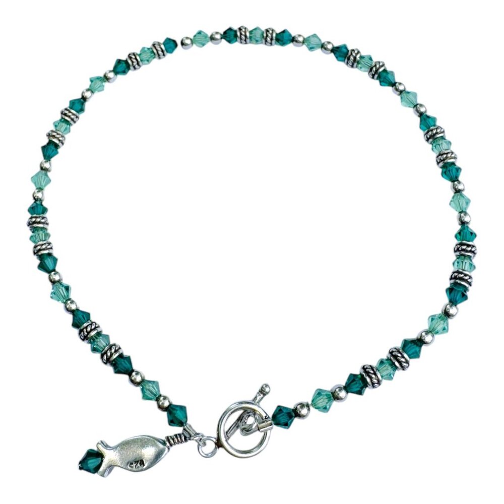 Vintage Silver & Emerald Green Beaded Fish Charm Anklet - Picture 2 of 8